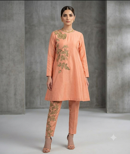 2Pc Embroided Ladies Linen Dress