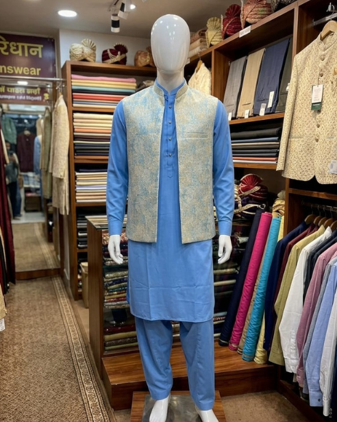 Elegant Blue Pakistani Men’s Shalwar Kameez & Blazer Combo – Ready to Wear